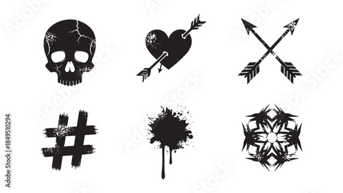 Distressed grunge symbols set featuring skull heart arrows and abstract design