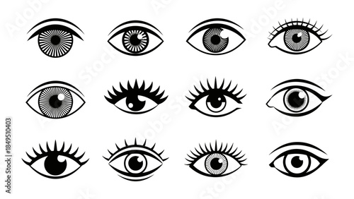 A diverse set of black and white line art illustrations depicting various human eye styles