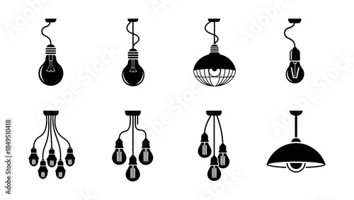 A collection of different pendant light silhouettes in black color