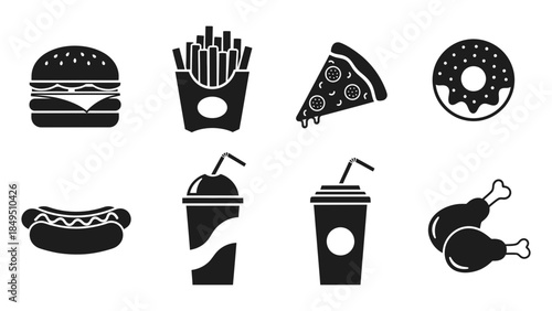Collection of black and white silhouette icons representing various popular fast food items