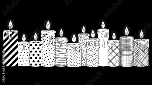 A decorative and patterned collection of burning candles in black and white line art