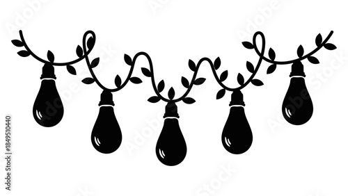 A detailed silhouette illustration of vintage string lights decorated with a delicate leaf garland