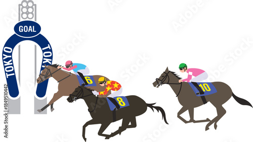 競馬場のゴール板とゴール直前の競走馬