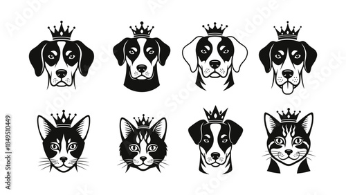 Majestic collection of black and white dog and cat heads adorned with regal crowns