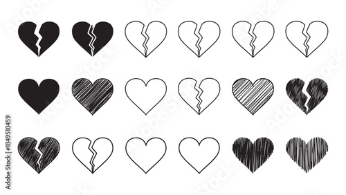 A collection of stylized whole and broken heart icons representing various emotions and states