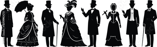 Victorian era people silhouette collection, elegant men and women in vintage costumes with hats and canes, classic fashion history vector illustration set
