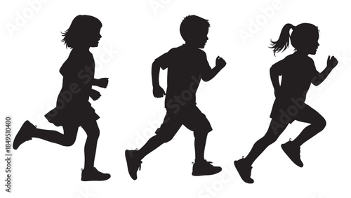 Three black silhouettes of children running and playing together