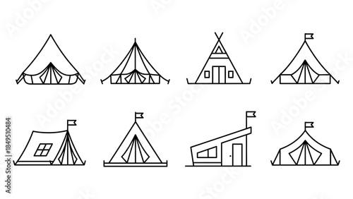 A collection of different camping tent icons and outline illustrations for outdoor adventure