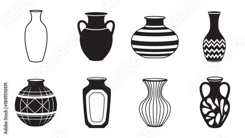 A collection of various decorative vases and amphora-style pottery illustrations in black and white