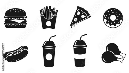 Delicious array of popular fast food and junk food items presented as black silhouette icons