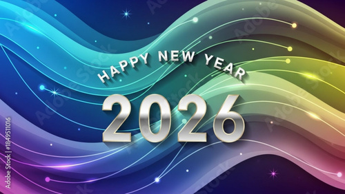 Vibrant New Year 2026 Celebration Background with Shimmering Lights and Rainbow Colors