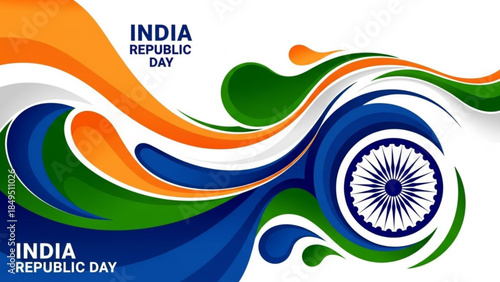 Vibrant India Republic Day Celebration with Tricolor Waves and Ashoka Chakra Symbol on White Background Design
