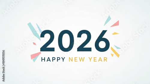 Happy New Year 2026 Celebration Background Design with Colorful Confetti and Dark Blue Typography Elements