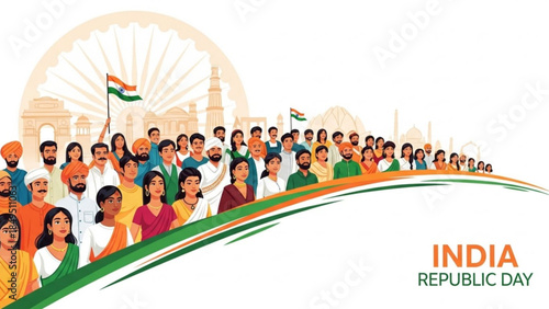 Vibrant India Republic Day Celebration with Diverse Crowd and National Flags in Front of Landmarks