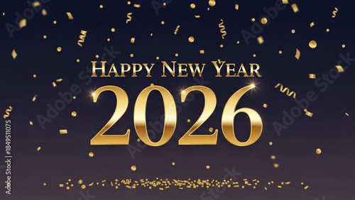 Happy New Year 2026 Celebration Background with Gold Confetti and Glittering Numbers Dark Blue Background