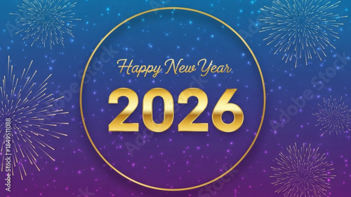 Happy New Year 2026 Celebration Background with Fireworks and Gold Text on Blue Purple Gradient