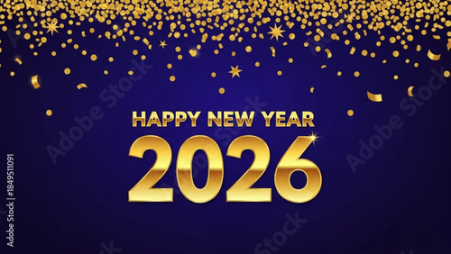 Happy New Year 2026 Celebration Background with Gold Confetti and Stars on Dark Blue