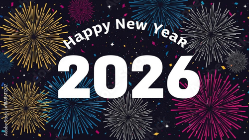 Colorful Fireworks Celebrate Happy New Year 2026 with Vibrant Explosions and Confetti
