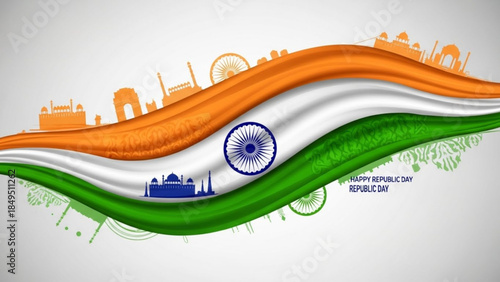 Vibrant Indian Flag Design Celebrating Republic Day with Iconic Landmarks and Colors
