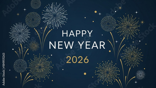 Happy New Year 2026 Celebration Fireworks Dark Blue Background Gold Accents Festive Greeting Card Design