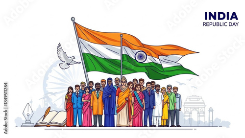 Vibrant Indian Republic Day Celebration with Diverse Group Under Tricolor Flag and Cultural Symbols Present