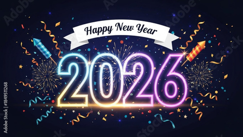 Colorful Happy New Year 2026 Celebration Background with Fireworks and Confetti Decorations