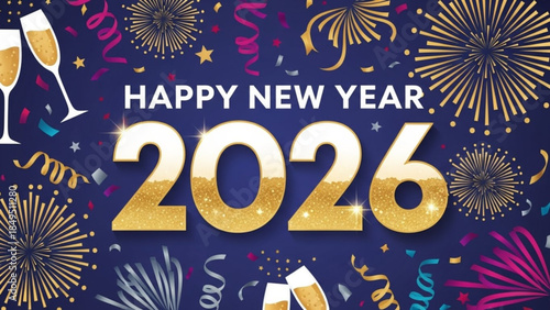 Vibrant Happy New Year 2026 Celebration Background with Shiny Gold Text and Colorful Fireworks Display