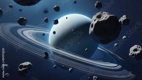 Saturn Planet with Rings and Asteroids Floating in Space 4 K Ultra H D Space Background