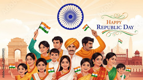 Vibrant Indian Family Celebrating Republic Day with Joy and Patriotism in Traditional Attire and Colors