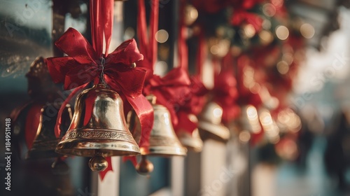 Elegant Christmas Bells with Red Ribbons Hanging in a Festive Atmosphere