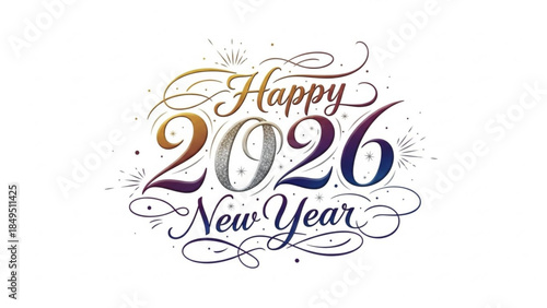 Vibrant Happy 2026 New Year Greeting Card with Sparkling Decorative Elements and Glittering Typography Design