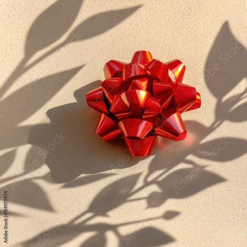 Bright Red Gift Bow with Soft Shadow on a Neutral Background Creating a Cheerful Holiday Atmosphere