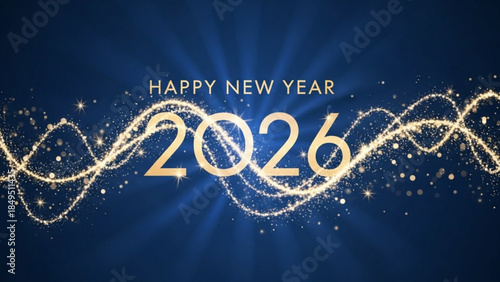 Happy New Year 2026 Celebration Background with Golden Sparkles and Dark Blue Theme Party Invitation