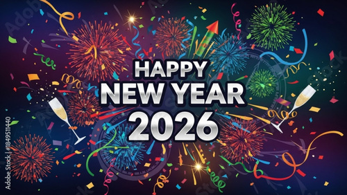 Vibrant New Year's Eve Fireworks Celebration 2026 with Champagne and Confetti Explosion in Dark Background