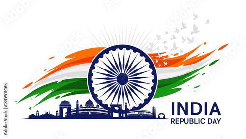 India Republic Day Celebration Background with Ashoka Chakra and Landmarks, Patriotic Indian Flag Colors
