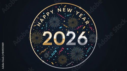 Happy New Year 2026 Celebration Background with Fireworks and Confetti