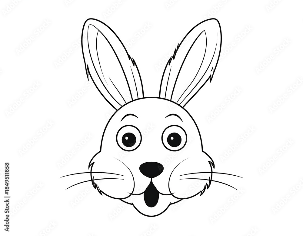 Obraz premium Cartoon-style rabbit head, black and white outline with surprised expression