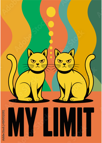 Grumpy Yellow Cats Facing Limits with Retro Pattern Background
