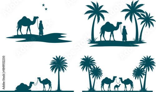 Desert landscape silhouettes featuring camels and palm trees in various scenes
