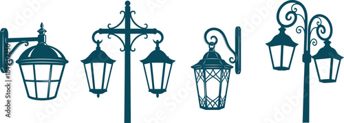 A collection of four elegant outdoor lamp post designs with varying styles and mounts for gardens and walkways exterior lighting