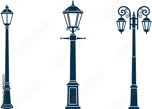 Three distinctive street lamp post designs with unique fixtures and decorative elements on poles