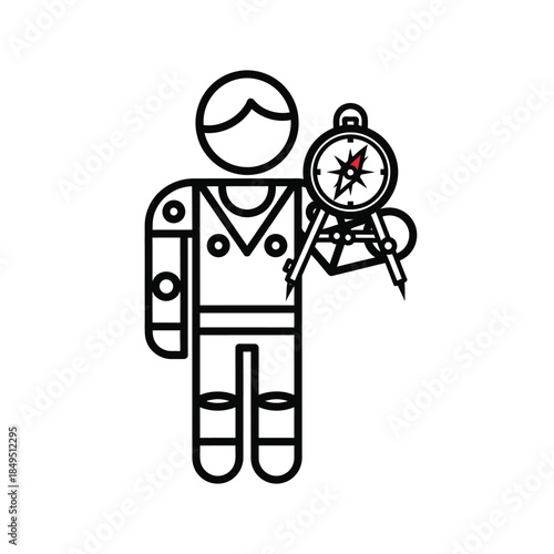 Outline icon of a person, possibly an astronaut or surveyor, holding a compass and a divider, representing exploration, navigation, or precision.