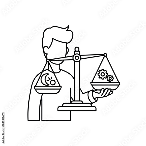 Line art illustration of a person balancing work and life, represented by gears and a sun/moon icon on a scale.
