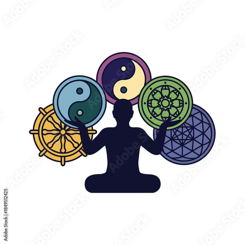 Meditating person holding various spiritual and religious symbols like Yin Yang and Dharma wheel, representing unity and balance of diverse beliefs.