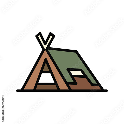 Simple flat design illustration of a camping tent or teepee with brown and green colors, outlined in black.