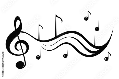 Musical Notes on Flowing Staff with Treble Clef, Abstract Wave Melody Design Element