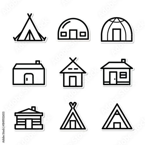 Collection of nine black and white line art icons depicting various types of shelters, including tents, huts, and houses.