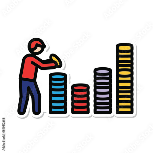 A colorful sticker illustration depicting a person stacking coins into increasing columns, symbolizing financial growth and investment.