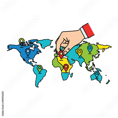 Hand placing a red location pin on a colorful world map with multiple markers indicating global destinations and strategic points.