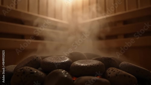 Close Up View of Steaming Hot Sauna Stones Inside a Traditional Wood Sauna